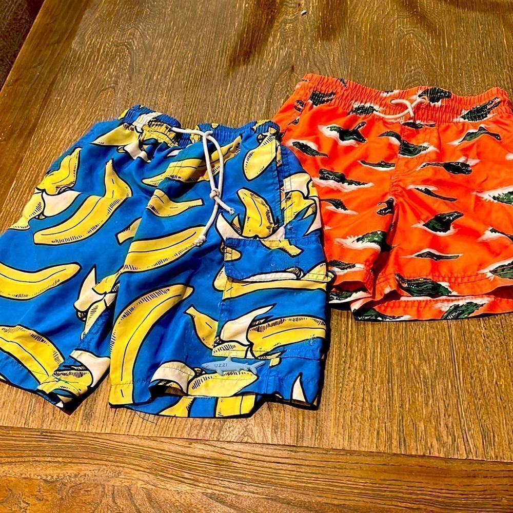 2 Pair Boys Swim Trunks XS and 6-7 Alligator and Bananas fabric